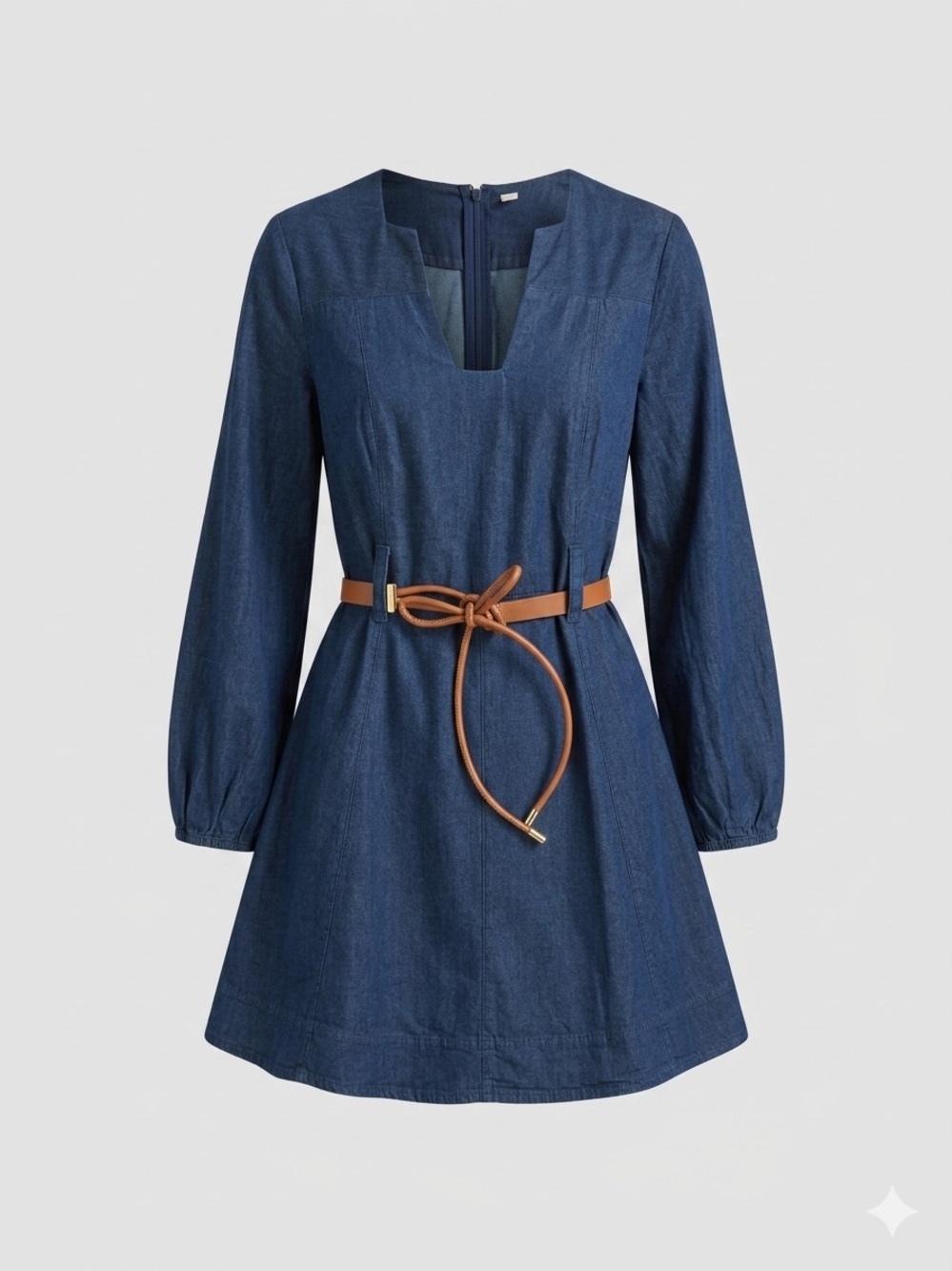 Free People Blue Long-Sleeve Mini Dress with Brown Waist Tie - Picture 4 of 14